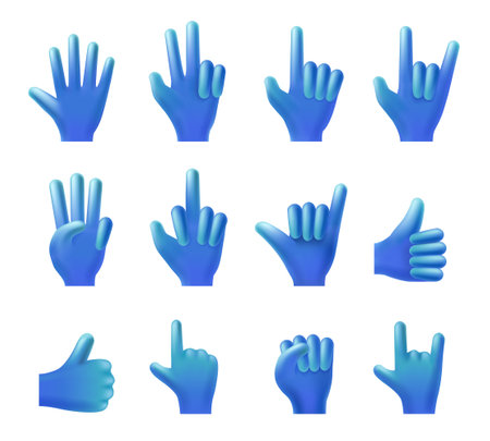 Hand gestures collection. 3D pointed finger gesture, high five or hello waving hand, thumbs up Like and Victory vector illustration setのイラスト素材