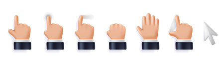 Cursor 3D icons. Touch screen interface click tap, point finger, swipe, pinch to zoom and grab hand gestures vector illustration setのイラスト素材