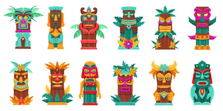 Cartoon tiki totem. Tropical wooden mask statue, tribal island bamboo totems and Hawaiian gods sculptures isolated vector illustration setのイラスト素材