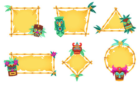 Cartoon tiki totem banner frames. Bamboo tribal borders, Hawaiian menu design backgrounds with totemic face mask sculptures vector setのイラスト素材