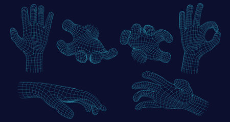 Wireframe hand gestures. Grabbing gesture, open palm and digital ok hand sign in futuristic 3D hologram mesh grid style vector set with editable stroke pathsのイラスト素材