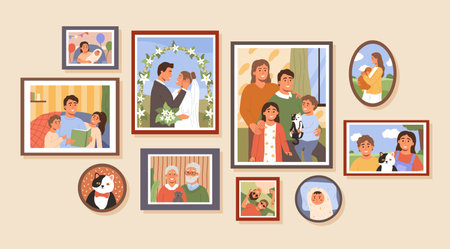Cartoon family life photo frames. Memories wall with family history photos, children portraits and marriage picture vector illustrationのイラスト素材