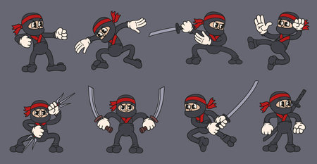 Cartoon ninja character. Karate warrior, stealth ninja with katana and assassin martial arts mascot vector setのイラスト素材
