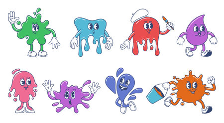 Cartoon paint splash mascot. Color stain blob characters, ink splash spot and paint drop vector illustration setのイラスト素材