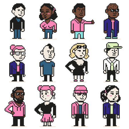 Pixel art characters. Chibi 8 bit people, pixelated video game person mascot isolated vector illustration setのイラスト素材