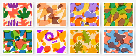 Abstract risograph shapes seamless pattern. Geometric shape overlays with offset print overlay and grunge texture, doodle graph collage vector setのイラスト素材