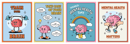 Mental health posters. Take care and train brain, world mental health day card with cartoon brain...