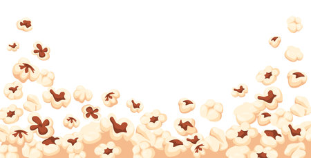 Popcorn background. Flying popping corn, movie fast food horizontal border and cinema snacks frame vector illustrationのイラスト素材
