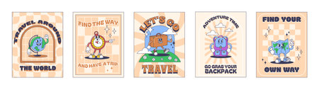 Cartoon travel posters. World Exploration and Adventure sticker with trip, go travel and find way quotes with globe, compass, suitcase, backpack and map mascots vector setのイラスト素材