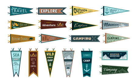 Adventure Pennants. Outdoor and camping enthusiast banner collection with wild forest camp, mountain and explore designs vector setのイラスト素材