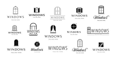 Minimalist window emblems. Casement frame with elegant shutters and curtains, home interior branding design template vector icon setのイラスト素材