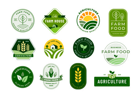 Farm emblems. Agriculture and farm food labels, agrarian quality seals and artisanal foods stickers vector setのイラスト素材