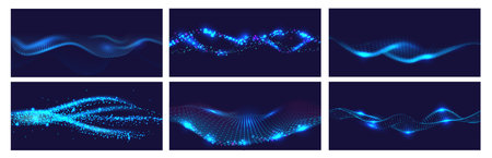 Big data flow banner backgrounds. Moving blue particles, futuristic abstract flux and cyber wave...