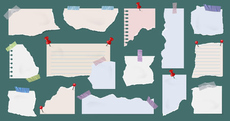 Pinned torn paper notes backgrounds. Scrapbook style note frame, ripped edge pieces of paper with tape and pushpin vector setのイラスト素材