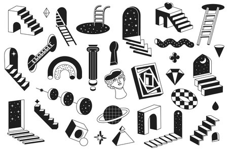 Surreal geometric shapes. Abstract minimal elements, dreamlike portals, stairs and star sparkles vector illustration setのイラスト素材