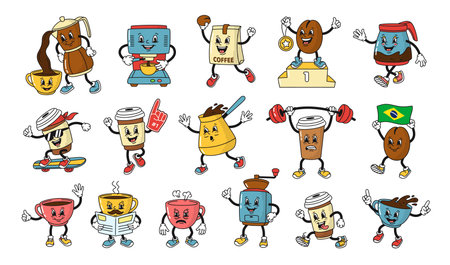 Cartoon coffee shop mascots. Funny hot drink cup, coffee bean in style of 1930s rubber hose animation character. Isolated vector illustration setのイラスト素材
