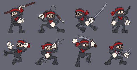 Cartoon ninja mascot. Cute Asian warrior in fighting poses with katana sword, nunchucks, shuriken and sai vector illustration setのイラスト素材