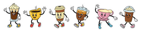 Cartoon coffee drinks mascots. Cups of espresso, cappuccino and latte in style of 1930s rubber hose animation character. Isolated vector illustration setのイラスト素材