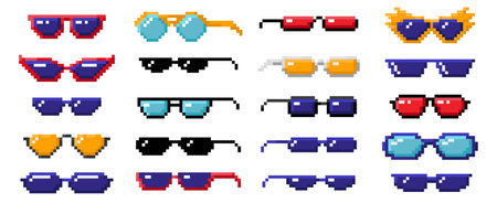Pixel art sunglasses. Color 8 bit glasses for pranking memes, pixelated summer style eyeglasses...
