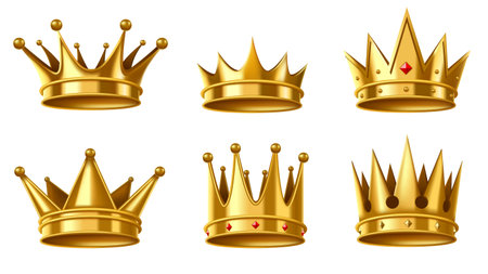Royal golden crown. Monarchy wealth and power symbol, king and queen gold coronet. Rich realistic 3D vector illustration setのイラスト素材
