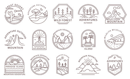 Line art adventure badges. Outline travel emblems with outdoor landscapes. Minimal mountain, island, desert and wild forest tags vector setのイラスト素材