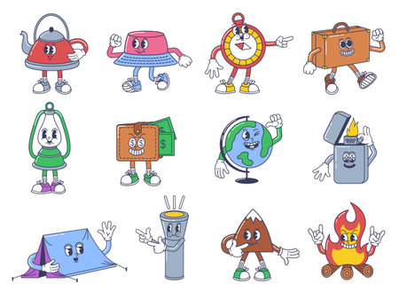 Cartoon travel mascots. Explorer adventure characters, camping tent, flashlight, campfire and mountain. Teapot, cap, compass and suitcaseのイラスト素材