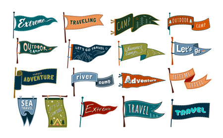Travel pennants. Summer camp, let go travel and camping flags. Adventure and traveling banners vector setのイラスト素材