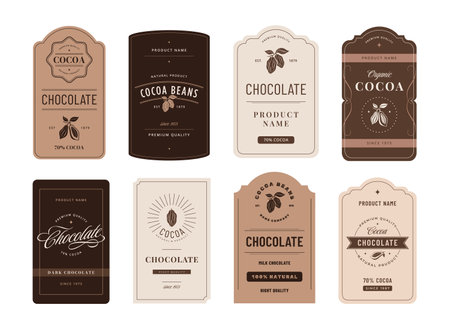 Cocoa label. Classic chocolate emblems with cocoa beans, artisanal product branding design template vector setのイラスト素材