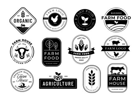 Stencil farm business emblems. Rancho mark, agriculture label and farm house branding template vector setのイラスト素材