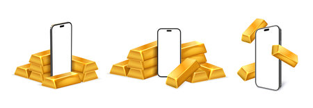 Smartphone mockup with gold bars. Premium finance mobile phone app template with banking gold and empty cellphone screen vector illustration setのイラスト素材