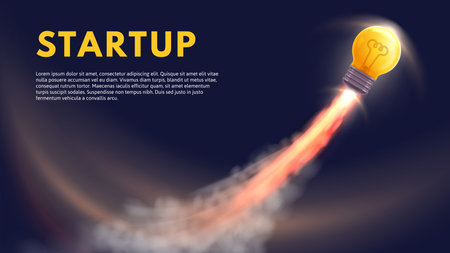 Launch idea. Run startup business, rocket boost for ideas and light bulb fly high vector illustrationのイラスト素材