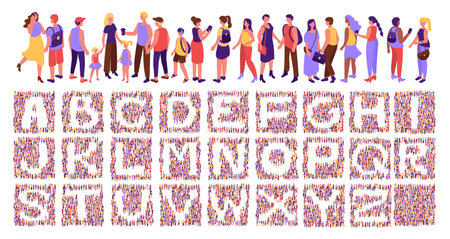 Crowd font. Social typography with isometric top view citizens. Community of people with alphabet...