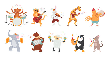 Animals play music. Zoo musicians, cute animal mascots with different musical instruments and orchestra characters isolated cartoon vector illustration setのイラスト素材