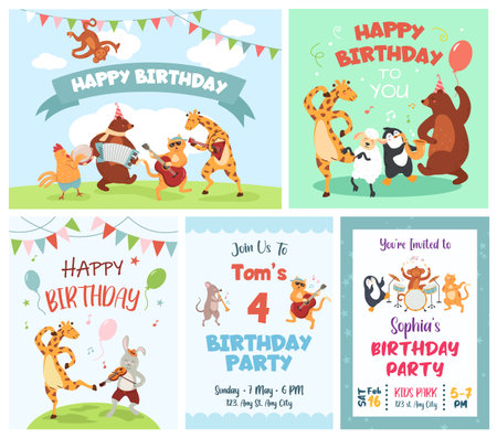 Greeting card with cartoon animals. Cute animal musicians play happy birthday song, dancing party invitation poster and congratulation banner vector illustration setのイラスト素材