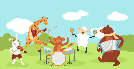 Cartoon forest animals concert. Cute zoo musicians play music with musical instruments, wild jazz band and wildlife characters musical performance vector illustrationのイラスト素材
