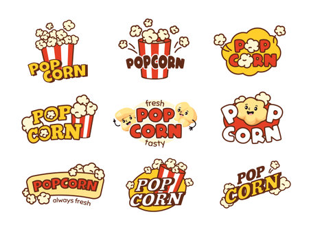 Popcorn emblem. Sweet corn snacks banners for cinema shop, striped buckets with playful popped corn kernels vector setのイラスト素材