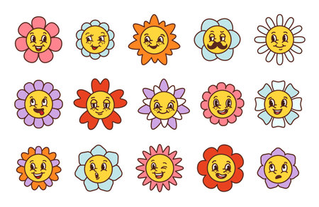 Cartoon flower faces. Happy smiling floral characters with various facial expressions, cute face with flower petals vector setのイラスト素材