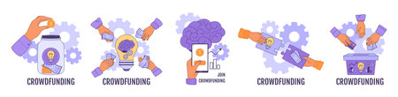 Crowdfunding donation. Collective financial support for business startup or community project. Crowdfunding campaign vector illustration setのイラスト素材