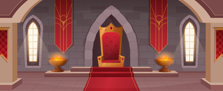 Throne room. Medieval castle interior, royal hall in kingdom palace cartoon vector background illustrationのイラスト素材