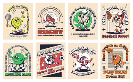Cartoon sport posters. Retro playing ball card sticker with 1930s mascot character and slogans. Sports enthusiasts banners vector setのイラスト素材
