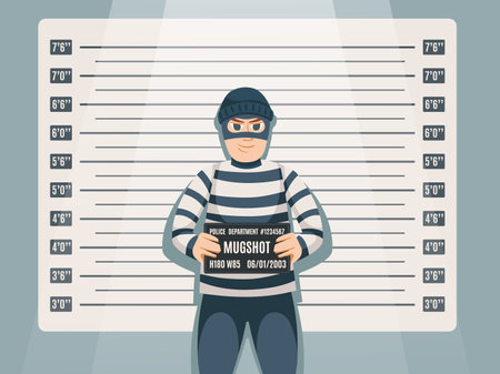 Criminal mugshot. Cartoon thief character in striped outfit, holding police department records sign with number on height chart background. Crime and law vector illustrationのイラスト素材