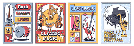 Cartoon concert posters. Live rock music show, classic and jazz festival flyer design template with 1930s musical Instruments mascot characters vector setのイラスト素材