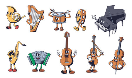 Cartoon musical instrument mascots. Playful music characters in 1930s rubber hose style. Retro concept vector illustration setのイラスト素材