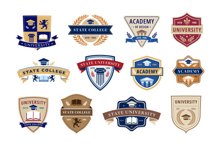 Education emblem. State college, academy and university badges with books, laurel wreaths and traditional shield shapes. Academic insignia vector label setのイラスト素材