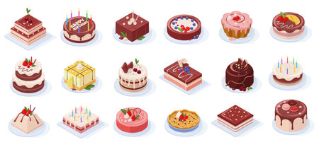 Isometric birthday event tasty strawberry, vanilla, chocolate cakesのイラスト素材