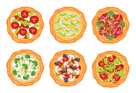 Italian pizzas, margherita with mozzarella cheese and tomatoes slices, pepperoni with basil vector setのイラスト素材