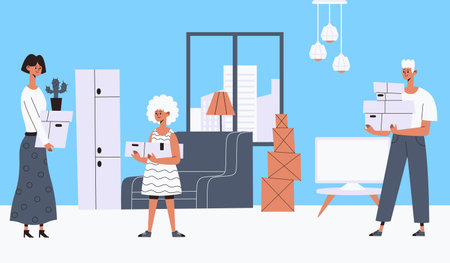 Moving out people, people relocation in new placeのイラスト素材