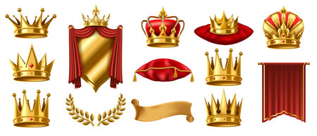 Realistic 3D royal elements. Golden crown on red pillow, crowned shield and gold laurel wreath vector illustration setのイラスト素材