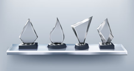 Glass awards on display shelf. Gallery of honor, clear transparent crystal trophy vector template collectionのイラスト素材