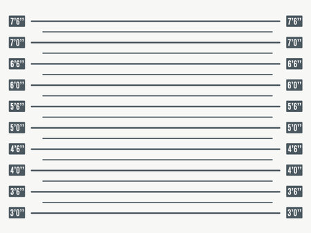 Mugshot lineup. Prison photo booking backdrop template with height measurements scale lineup, law enforcement and jail arested snapshot vector backgroundのイラスト素材